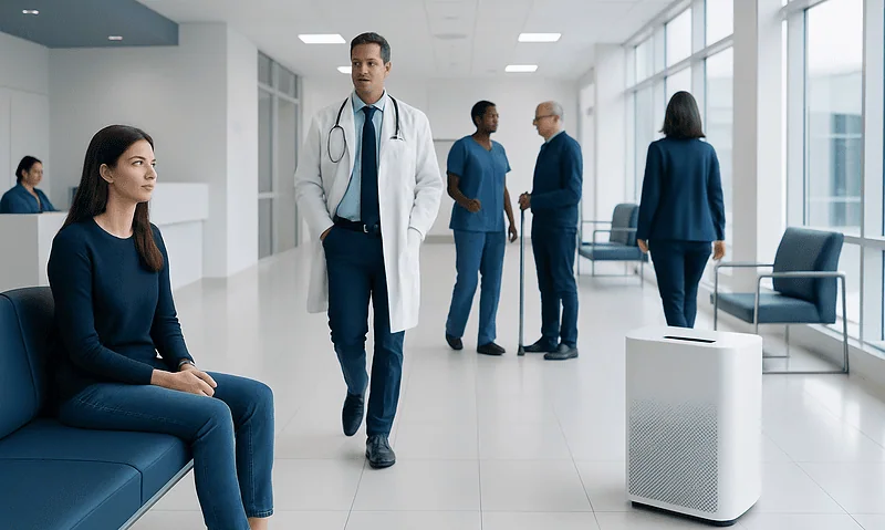 Medical professionals and patients in a modern hospital waiting area.