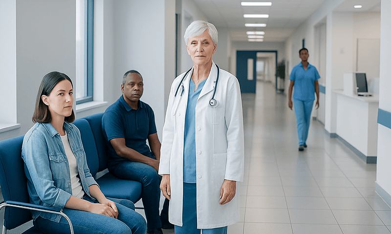 Medical team in hospital corridor with patients and doctor.