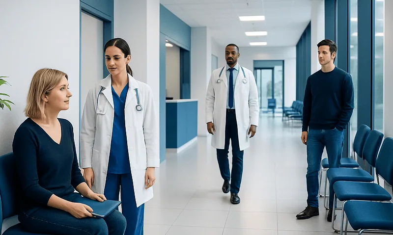 Medical professionals and patient in hospital corridor at Acibadem Hospitals Group.