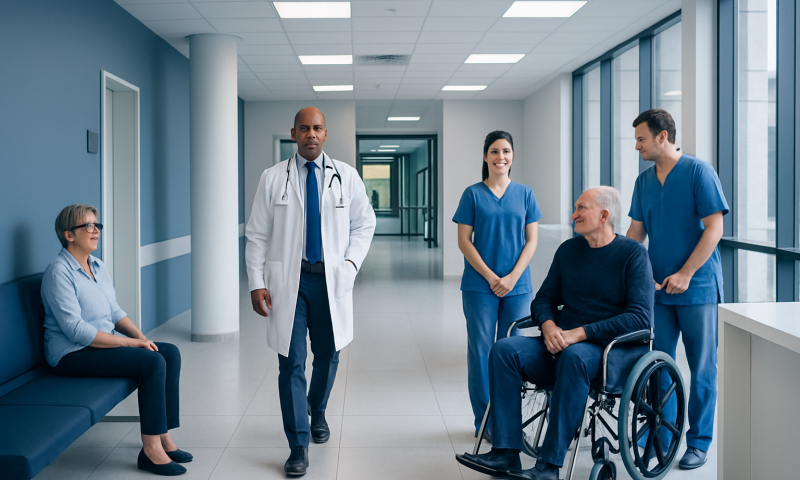Medical team consulting with elderly patient in hospital corridor.