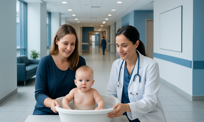 Pediatrician and mother with baby in hospital corridor.