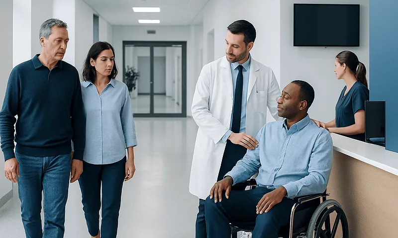 Doctor consulting with diverse patients in hospital corridor.