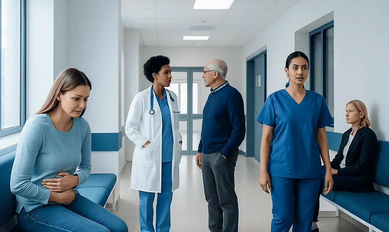 Patients and healthcare professionals in a hospital corridor.