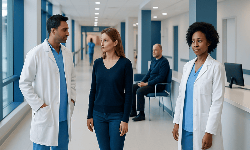 Medical professionals and a patient in a hospital corridor at Acibadem Hospitals Group.