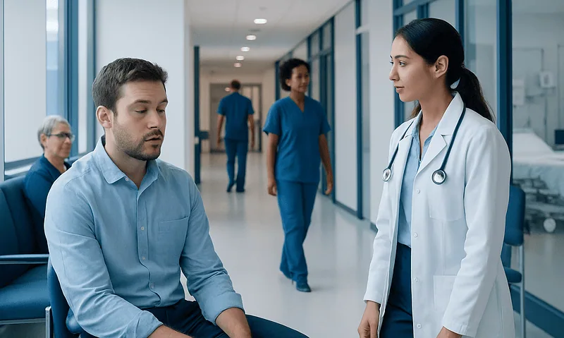 Do Antibiotics Make You Tired? Here Is What the Evidence Says 5 Doctor consulting a patient in a hospital corridor with medical staff in the background.