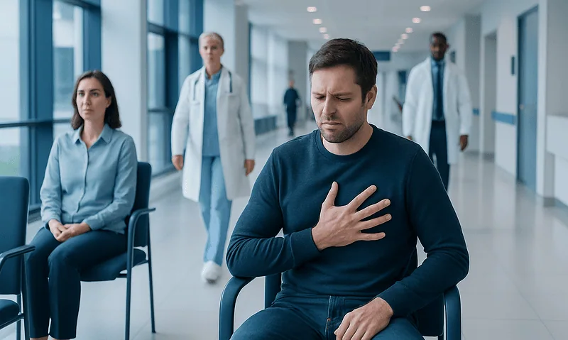 Man experiencing chest pain in hospital corridor with medical staff nearby.