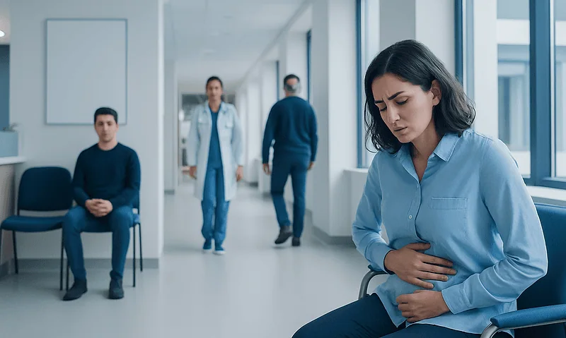 Woman experiencing stomach pain in a hospital corridor with medical staff nearby.