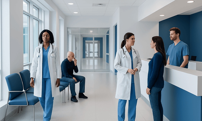 Medical staff and patient in hospital corridor at Acibadem Hospitals Group.