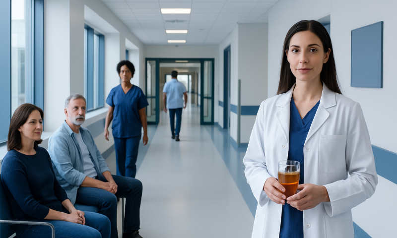 Doctor holding a glass of tea in hospital corridor with patients waiting.