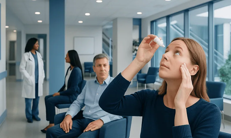 Woman using artificial tears eye drops in a medical clinic.