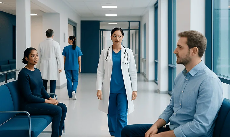 Healthcare professionals and patients in a modern hospital corridor.