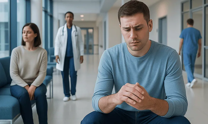Young man with hand fungus symptoms at hospital waiting area.