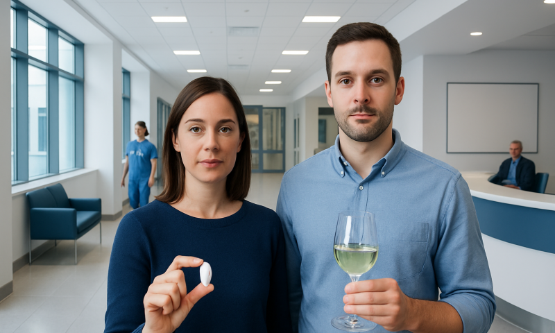 Medical professionals in a hospital corridor with a woman holding medication and a man with a glass.