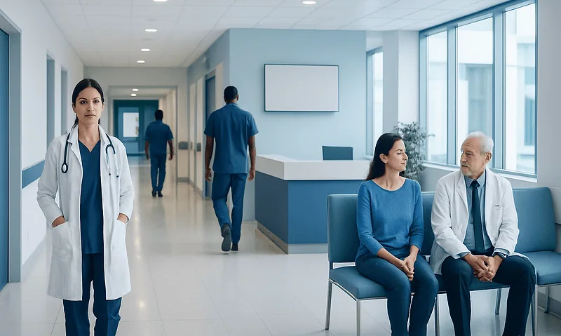 Hospital corridor with medical staff and patients at Acibadem Hospitals Group.
