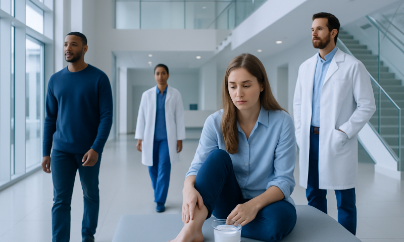 Patient applying foot treatment in a modern hospital setting.