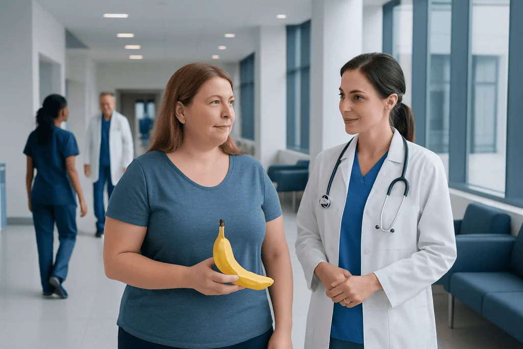 Are Bananas Good for Weight Loss? Causes, Explanations, and Next Steps 1 Doctor talking to a woman holding a banana in a hospital corridor.