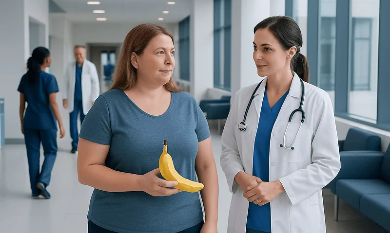 Doctor talking to a woman holding a banana in a hospital corridor.