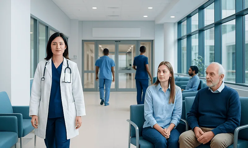 Healthcare professionals and patients in a modern hospital waiting area.