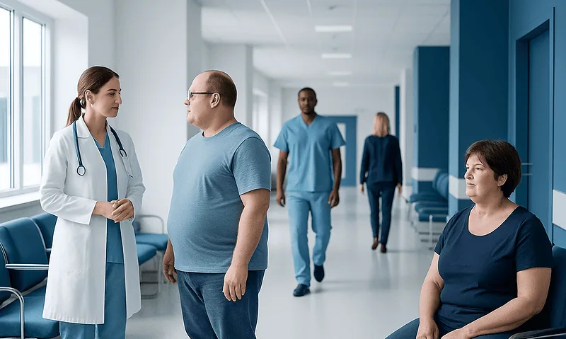 Doctor consulting with a patient in a hospital corridor.