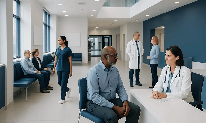 Patients and medical staff in a modern hospital waiting area and consultation room.
