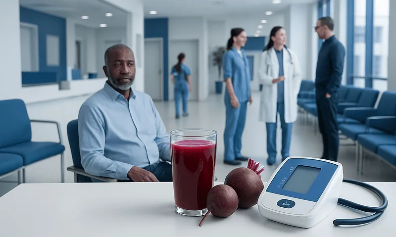 Patient in hospital waiting area with blood pressure monitor and beetroot juice.