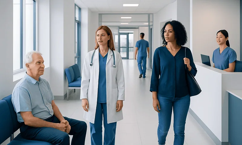 Patients and healthcare professionals in a modern hospital corridor.