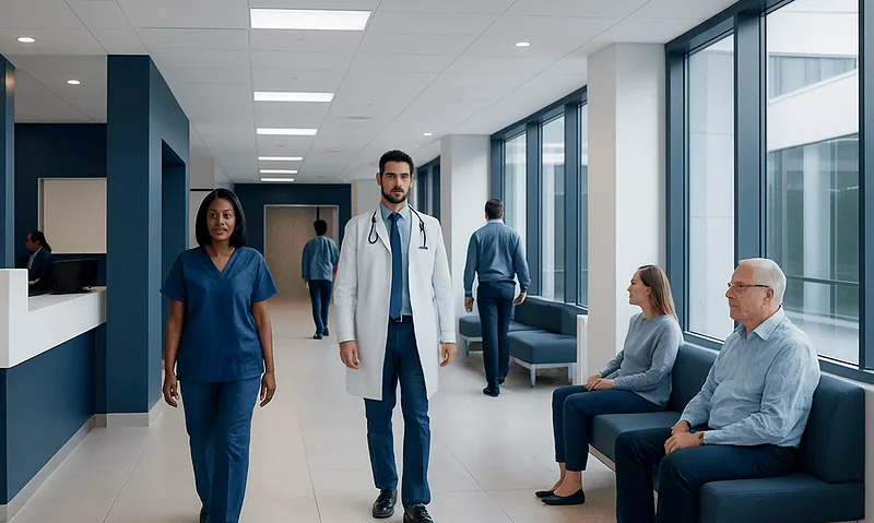 Healthcare professionals and patients in a modern hospital corridor.
