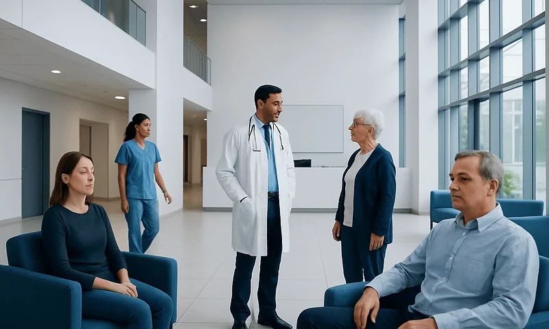 Doctor consulting elderly woman in hospital lobby with patients nearby.
