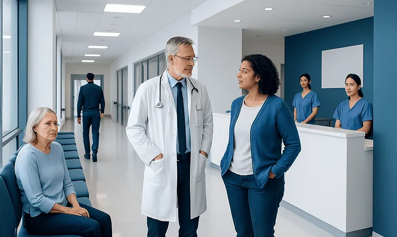 Doctor consulting with a patient in a hospital corridor.