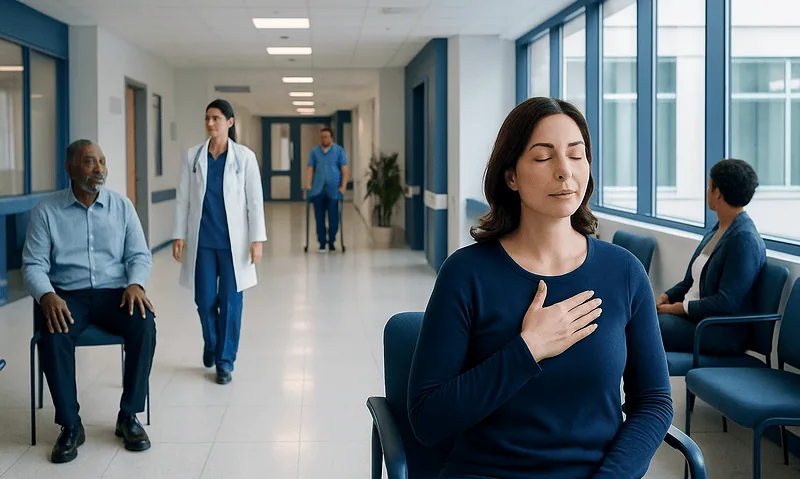Woman practicing breathing exercises in a hospital corridor for anxiety relief.
