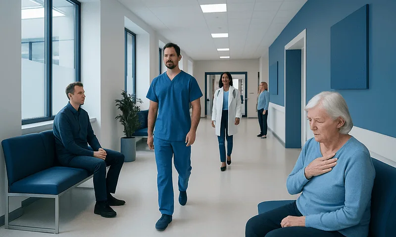 Hospital corridor with medical staff and patients in a modern healthcare facility.