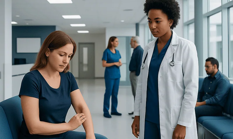 Medical professional consulting a patient in a hospital corridor.