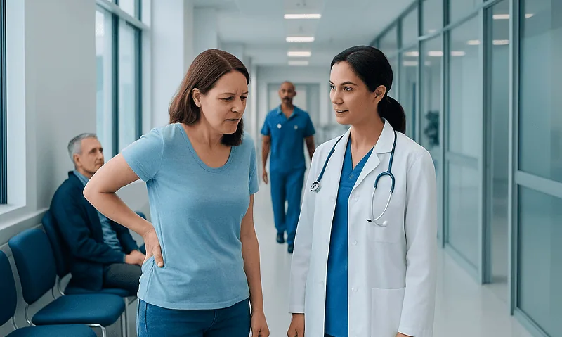 Doctor examines woman with back pain in hospital corridor.