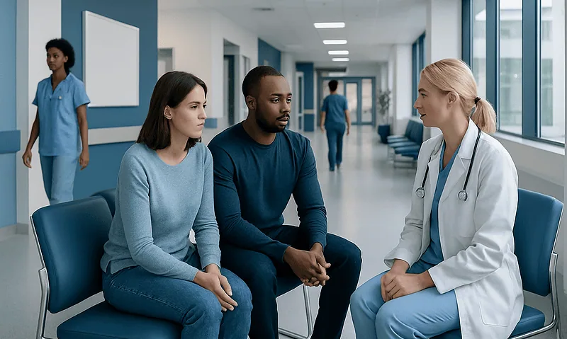 Doctor consulting with patients in a hospital corridor.