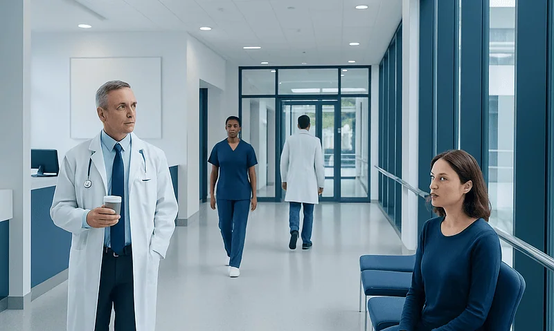 Does Caffeine Raise Blood Sugar? Causes, Explanations, and Next Steps 12 Doctor and patient in hospital corridor with medical staff in background.