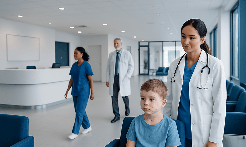 Medical staff and a young patient in a modern hospital lobby.