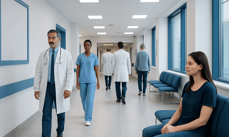 Healthcare professionals and patients in a modern hospital corridor.