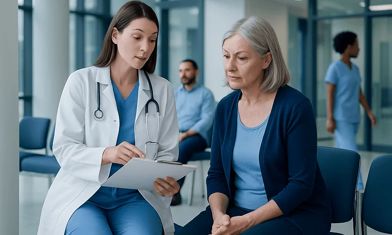 Doctor consulting with a senior woman in a hospital waiting area.