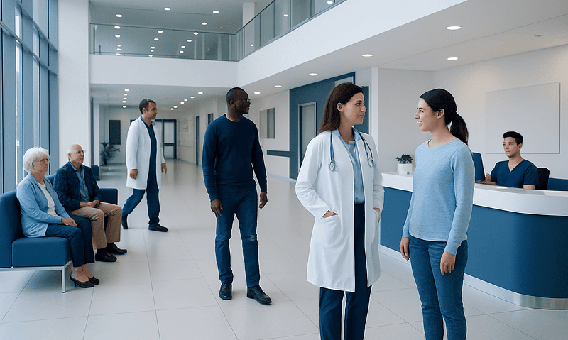 Healthcare professionals and patients in a modern hospital lobby.