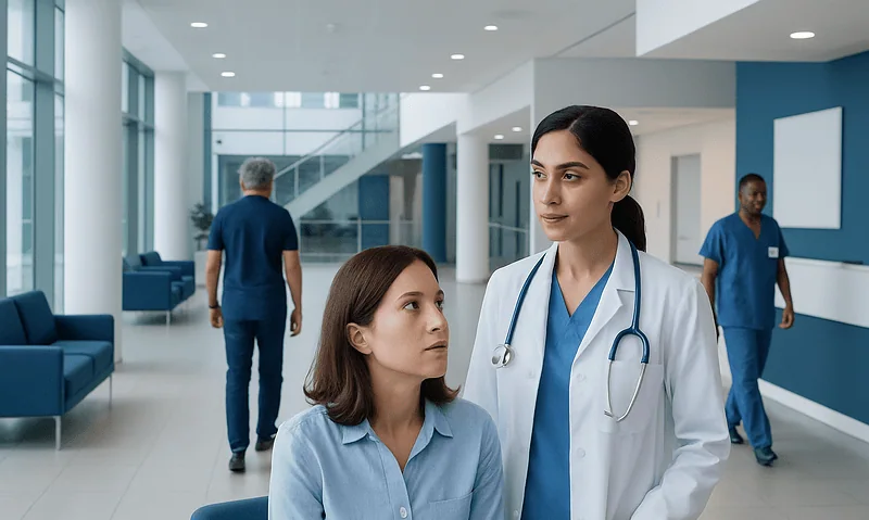 How to Get Rid of Cavities? Causes, Explanations, and Next Steps 18 Healthcare professionals and patient in a modern hospital lobby.