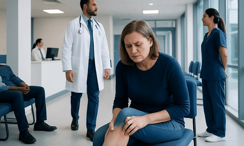 Patient with leg pain consulting in hospital corridor.