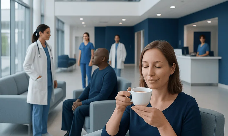 Patient enjoying tea in hospital waiting area at Acibadem Hospitals Group.