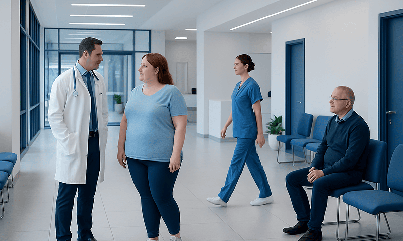 Doctor talking to a patient in a hospital corridor.