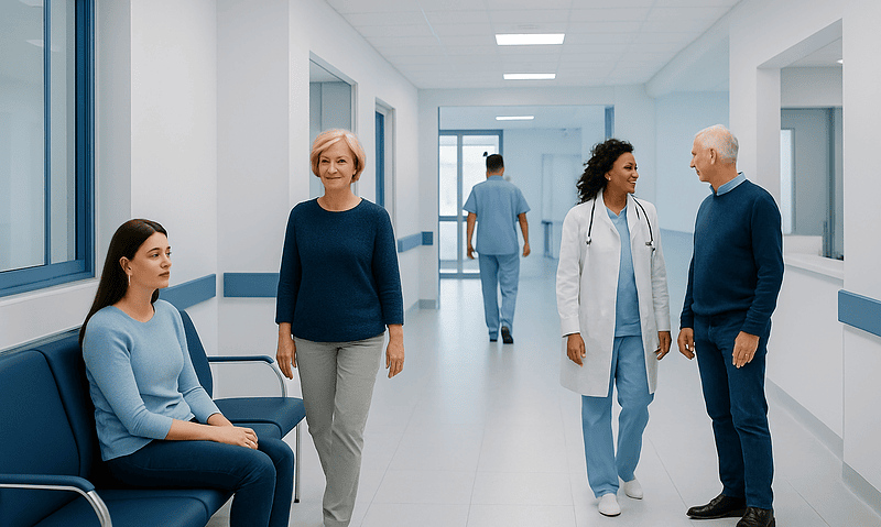 Healthcare professionals and patient in hospital corridor.