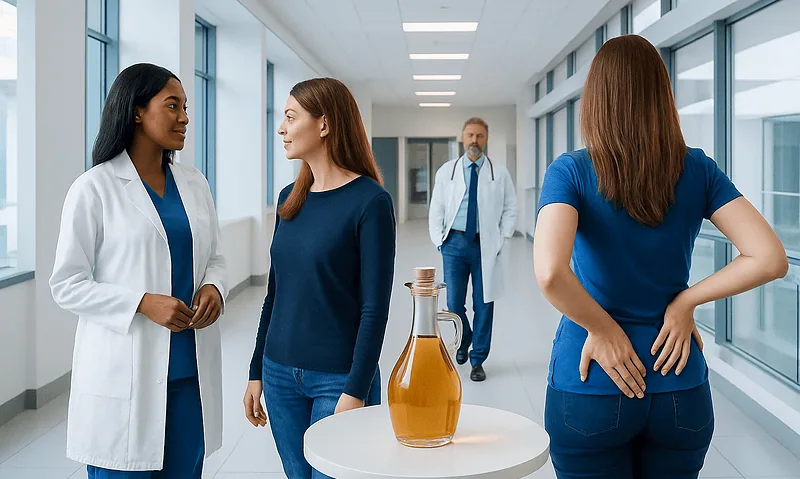 Medical professionals discussing in hospital corridor with a patient and a nurse.