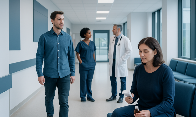 Patients and medical staff in a hospital corridor.