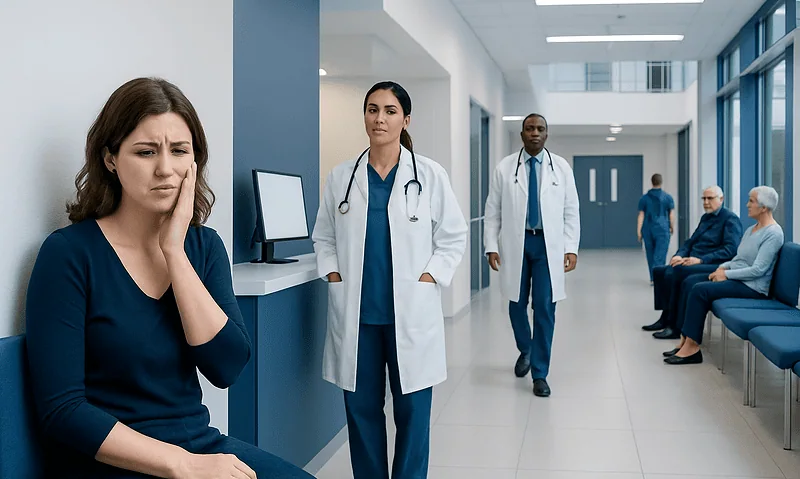 Patient experiencing toothache in hospital waiting area with medical staff nearby.