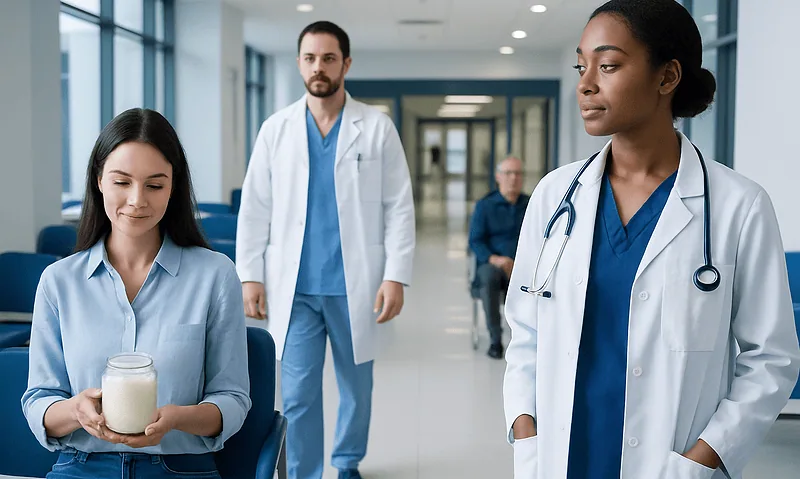 Medical team with doctors and nurse in hospital corridor.