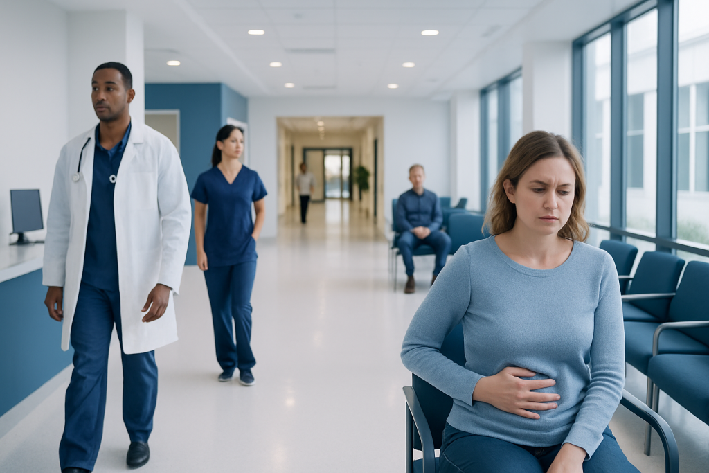 Can Coffee Cause Bloating? Causes, Explanations, and Next Steps 1 Patient experiencing stomach pain in hospital corridor with medical staff nearby.