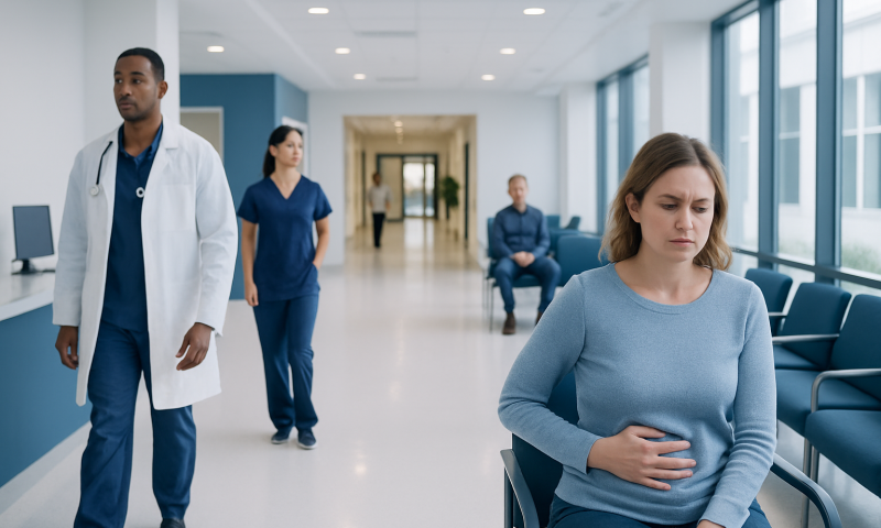 Patient experiencing stomach pain in hospital corridor with medical staff nearby.